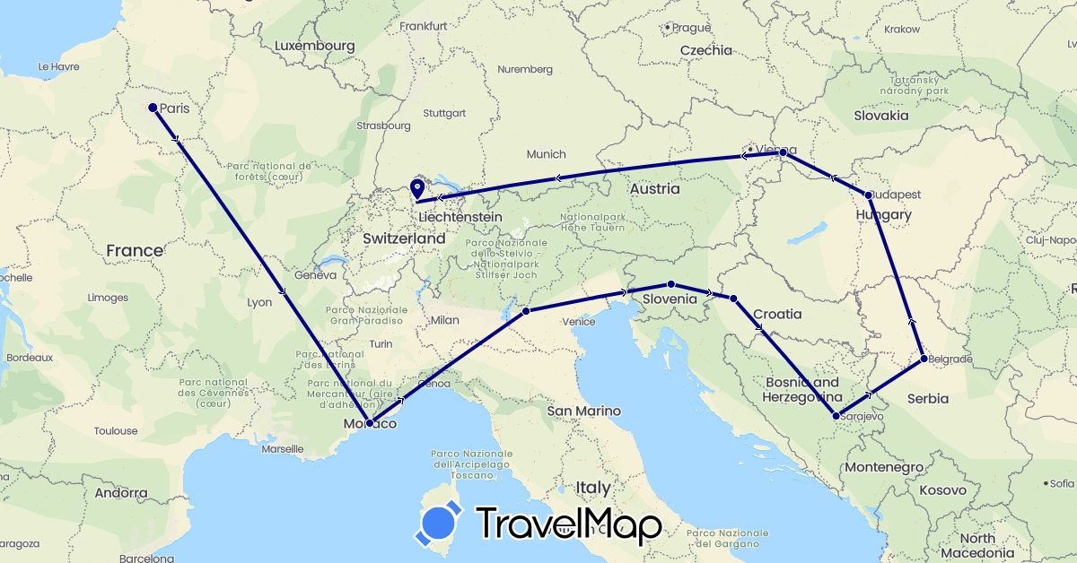 TravelMap itinerary: driving in Bosnia and Herzegovina, Switzerland, France, Croatia, Hungary, Italy, Monaco, Serbia, Slovenia, Slovakia (Europe)